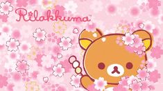 a brown bear surrounded by pink flowers on a pink background with the word rilakkima