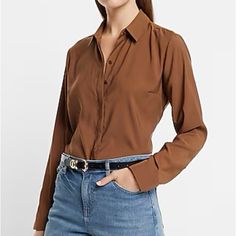 Express Satin Relaxed Portofino Shirt New With Tags Chic Business Casual Tops With Spread Collar, Brown Spread Collar Tops For Work, Chic Brown Tops For Business Casual, Chic Brown Top For Business Casual, Casual Slim Fit Blouse For Business Casual, Elegant Brown Tops For Business Casual, Elegant Brown Top For Business Casual, Casual Slim Fit Blouse With Spread Collar, Classic Brown Blouse For Work