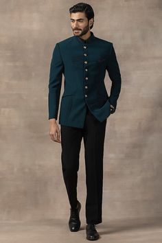 Buy Sarab Khanijou Teal Sandwash Bandhgala Set at Pernia'sPopUpShopMen 2023 Sister Wedding Outfit For Men, Outfit For Engagement Men, Designer Bandhgala Suit Men, Jodhpuri Coat Men, Band Gala Suit Men Jodhpuri, Bandhgala Suit Men Engagement, Jodhpuri Bandhgala For Men, Men Reception Suit, Wedding Outfit For Men Indian