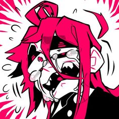 a drawing of a person with pink hair and an angry look on their face,