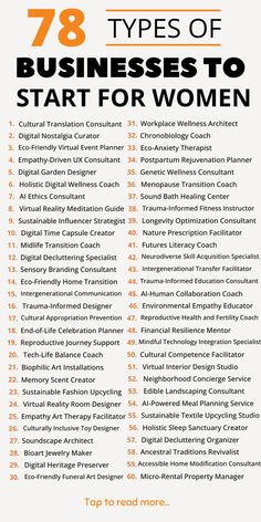 an orange and white poster with the words 78 types of businesses to start for women