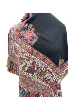 Made with pashmina wool, this shawl portrays Mughal period art and represent the Mughal history. Expertly crafted for both warmth and style, this shawl is made from premium pashmina wool and features stunning Mughal period art that pays homage to the rich history of the Mughal empire. size : 70/200 Contents : 50 % wool & 50% cotton Luxury Bollywood Resham Embroidery Pashmina Shawl, Luxury Traditional Pashmina Shawl With Resham Embroidery, Festive Jamawar Pashmina Shawl With Motifs, Kashmiri Pashmina Shawl, Festive Semi-stitched Jamawar Pashmina Shawl, Kashmiri Shawls, Mughal Empire, Black Horses, Cotton Style