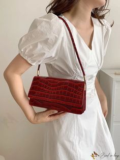 BirdinBag - Womens Red Crocodile-Patterned Purse: Handbag & Shoulder Bag Red Double Handle Bag With Mobile Phone Pocket, Red Double Handle Bag For Mobile Phone, Red Large Capacity Baguette Shoulder Bag, Red Baguette Bag With Large Capacity, Large Capacity Red Baguette Shoulder Bag, Large Capacity Red Rectangular Baguette Bag, Red Rectangular Shoulder Bag, Burgundy Rectangular Mobile Phone Bag, Red Top Handle Bag With Crocodile Pattern