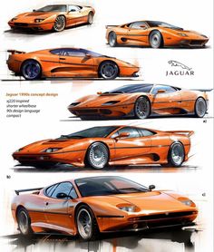 an orange sports car is shown in three different views, including the front and back