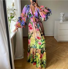 Floral Print Long Dress Sexy Deep V-Neck on Storenvy Vacation Maxi Dress, Floral Dresses Long, Straight Dress, Loose Outfit, Vestido Casual, Daily Dress, Bohemian Dress, Printed Maxi Dress, Long Maxi Dress