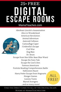 the flyer for an escape room with text that reads, 25 free digital escape rooms