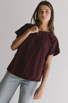 Round neck top in burgundy Maxi Outfits, Contrast Top, Layered Sweater, Sports Uniforms, Denim Accessories, Loungewear Sets, Dresses By Length, Denim Jumpsuit, Sweater Blouse