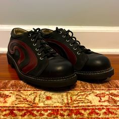 Vintage Black And Maroon John Fluevog Angels In Near New Condition. Men’s Size 12. Vintage Angels, John Fluevog Shoes, Fluevog Shoes, John Fluevog, Vintage Black, Derby, Swirl, Size 12, Angeles