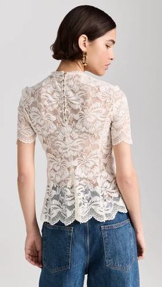 rabanne Haut Blouse | Shopbop Elegant Short Sleeve Scalloped Lace Top, Stretch Lace Top With Short Sleeves, Fitted Short Sleeve Top With Delicate Lace, Fitted Tops With Delicate Lace And Short Sleeves, Feminine Stretch Lace Top With Short Sleeves, Fitted Lace Top With Scalloped Edges, Elegant White Lace Top With Short Sleeves, Elegant White Short Sleeve Lace Top, Spring Lace Tops With Scalloped Edges