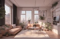 a living room filled with lots of furniture next to large windows and potted plants