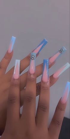 Pretty Acrylic Nails Blue, Long Nails With Designs, Long Acrylic Nails Square Blue, Square Acrylic Nails Long, Blue Square Acrylic Nails, Long Blue Acrylic Nails, Blue Acrylic Nails Ideas, Klaws Nails Acrylic Pink, Pink And Blue Nails Acrylic Long