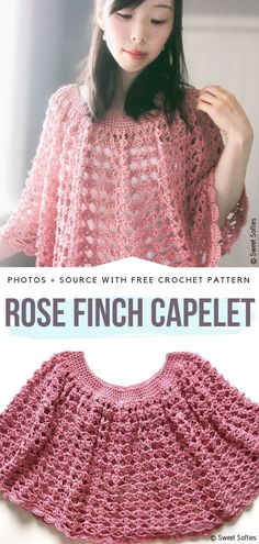 a woman wearing a pink crochet top with the words rose finch capelet on it