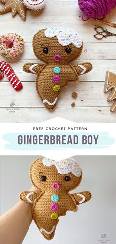 crocheted gingerbread boy ornament with sprinkles and donuts