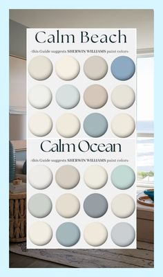 a poster with the words calm ocean on it and an image of a living room