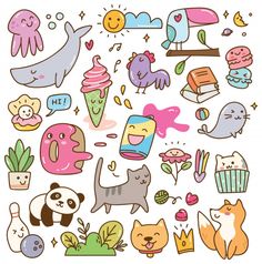 an assortment of cartoon animals and plants