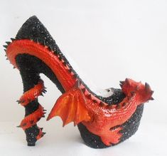 Lava Dragon Heels Scales Custom Hand Sculpt Paint Red Black | Etsy Dragon Heels, Hand Painted Heels, Lava Dragon, Whimsical Shoes, Fantasy Shoes, Weird Shoes, Fantastic Shoes, Funky Shoes, Black Shoe