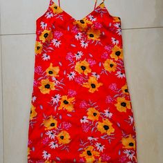 Yellow Flowers On Red Dress Nwot Size 6 Red Floral Print Mini Dress For Vacation, Red Floral Print Summer Mini Dress, Red Floral Mini Dress For Vacation, Vacation Red Mini Dress With Floral Print, Red Floral Summer Mini Dress, Vibrant Red Mini Dress For Summer, Vibrant Red Floral Print Dress, Red Summer Dress By H&m, H&m Multicolor Summer Dresses