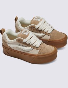 VANS Knu Stack Womens Platform Shoes - LIGHT TAN | Tillys No Owners Shoes, 70's Tennis Shoes, Cute Womens Casual Shoes, Streetwear Fashion Heels, Fall Shoe Trend 2024, Platform Fall Shoes, Cute Girly Shoes Sneakers, Comfy Office Shoes, Best Teacher Shoes For Women