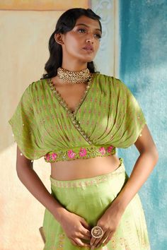 Green floral printed lehenga with placed hand embroidery. Paired with a matching placement embroidered draped blouse. - Aza Fashions Floral Print Lehenga, Print Lehenga, Drape Sarees, Lehenga Pattern, Printed Lehenga, Basil Leaf, Draped Blouse, Drape Sleeves, Pistachio Green