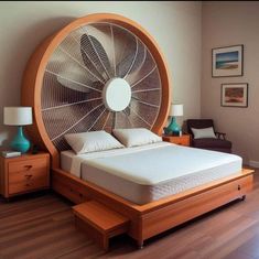 a bed with a wooden headboard and an air conditioner on top of it