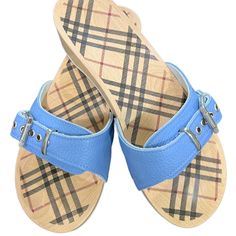 Unusual Burberry Sandals Styled Like Dr Schools Sandal. Never Worn, Blue Leather Blue Open Toe Clogs With Removable Insole, Blue Flat Sandals With Buckle Closure, Blue Beach Clogs With Removable Insole, Light Blue Open Heel Sandals For Beach, Blue Open Toe Sandals With Buckle Closure, Burberry Sandals, Burberry Shoes, Sandal Fashion, Blue Leather