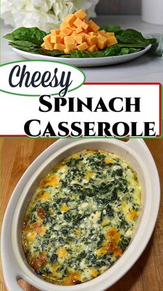 spinach casserole with cheese and spinach on the side in a white bowl