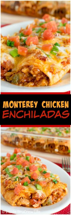 an enchiladas recipe is shown in three different pictures with the title below