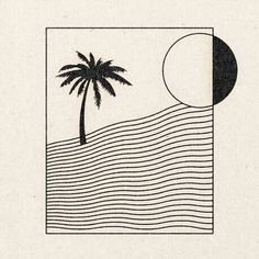 a drawing of a palm tree and the moon above it, in black and white