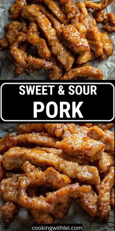 sweet and sour pork is shown in two different pictures with the words pork on top