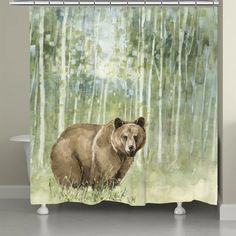 Nature's Call Bear Shower Curtain Lush Green Forest, Outdoor Look, Bathroom Artwork, Lisa Audit, Shower Curtain Rings, Curtains With Rings, Bear Cubs, Green Forest, Hendersonville Nc