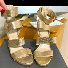 These Are Brand New Never Worn Gold Sandals. Picture Does Not Do Them Justice. They Are 4”. That Was Too Much For Me. I Kept Them Thinking One Day I’ll Wear Them Because They Are Gorgeous, But That They Never Came And Now I’m In The Process Of Moving So Selling A Lot Of My Stuff To Downsize. Gold Heels With Heel Loop And Medium Width, Fitted Gold Sandals With Block Heel, Party Heels With Medium Width And Open Toe, Medium Width Open Toe Heels For Party, Gold Heels Medium Width For Party, Party Sandals With 4-inch Heel, Medium Width, Gold Open Toe Heels Medium Width, Party Sandals With 4-inch Heel And Medium Width, Gold Sandals With 4-inch Heel And Closed Toe