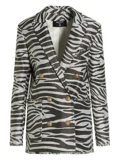 55% Viscose, 23% Cotton, 13% Polyester, 9% Other | Balmain Women's Zebra Double-breasted Jacket in Gad Blanc Or | SS23 Luxury Outerwear With Contrast Stripes, Luxury Spring Outerwear With Logo Print, Luxury Casual Outerwear With Contrast Stripes, Luxury Outerwear With Signature Stripes For Fall, Luxury Women's Track Jacket For Fall, Luxury Sporty Outerwear With Logo Print, Luxury Single Breasted Striped Outerwear, Luxury Track Jacket With Three Stripes For Fall, Luxury Trendy Track Jacket For Fall