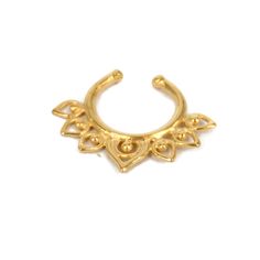 an open gold nose ring with hearts and leaves on the front, set against a white background