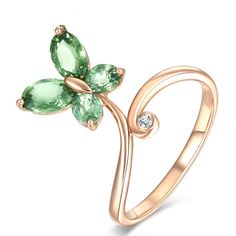 Green Crystal & 18k Rose Gold-Plated Butterfly Promise Ring - streetregion Butterfly Diamond Ring, Prom Rings, Side Face, Dragonfly Ring, Dainty Butterfly, Rose Gold Butterfly, Butterfly Motif, Timeless Ring, Fancy Necklace