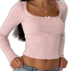 Sixthform Aesthetic, Square Neck Long Sleeve, Retro Streetwear, Knit Bottom, Knit Style, Fall Fits, Bottoming Shirt, Cropped Tops, Long Crop Top