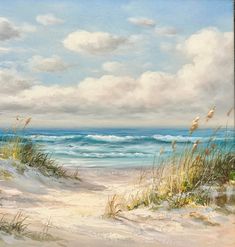 an oil painting of the beach with sea oats and clouds in the sky above