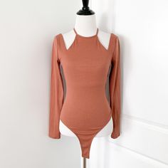 Astr Brown Halter Neck Long Sleeve Cutout Bodysuit Brand New Without Tags Size Small Casual Brown Bodysuit For Spring, Trendy Brown Bodysuit For Spring, Fitted Brown Bodysuit For Spring, Black Lace Bodysuit, Sequin Bodysuit, Halter Bodysuit, Cutout Sweater, Organza Sleeves, Velvet Bodysuit