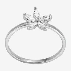 Add this Silver Treasures sterling silver Cubic Zirconia flower ring to your jewelry collection today. This ring is crafted in sterling silver and features sparkling Cubic Zirconia stones. With the delicate flower Cubic Zirconia design, it would be a perfect addition to other favorite rings in your jewelry collection. This ring can be worn with any wardrobe choice. Wipe ring clean with a soft cloth.Ring Style: Stackable Rings, Delicate RingsFeatures: Nickel FreeShape: FlowerStone Cut: MarquiseSt Delicate Silver Ring With Flower Shape, Silver Flower Shaped Diamond Ring, Sterling Silver Diamond Flower Ring In Fine Jewelry Style, Delicate Sterling Silver Flower Shaped Ring, Fine Jewelry Sterling Silver Flower Ring, Silver Delicate Flower Shaped Ring, Cheap Sterling Silver Flower Ring, Silver Sterling Flower Ring With Prong Setting, Silver Flower Ring With Prong Setting