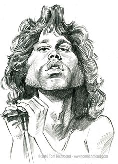 a black and white drawing of a man with long hair holding a microphone in his hand