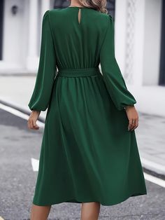 Solid Color Belted Maxi Dress, Solid Colored Belted Maxi Dress, Green Long Sleeve Ruched Maxi Dress, Green Ruched Long Sleeve Maxi Dress, Green Ruched Maxi Dress For Fall, Flowy Long Sleeve Belted Dresses, Belted Stretch Dresses For Spring, Spring Stretch Belted Dresses, Casual Long Sleeve Belted Maxi Dress