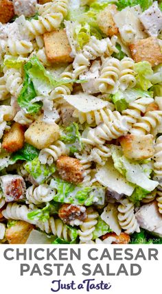 chicken caesar pasta salad with lettuce and cheese