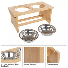 the wooden stand has three bowls and one bowl on it's side, with instructions for