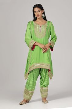 Green silk chanderi kurta with zari and aari embroidery. Comes with salwar. - Aza Fashions Bollywood Silk Churidar With Cutdana, Raw Silk Salwar Kameez For Navratri, Festival Silk Churidar With Traditional Drape, Silk Churidar For Festivals With Traditional Drape, Eid Silk Salwar Kameez With Cutdana, Bollywood Style Traditional Wear In Slub Silk, Silk Salwar Kameez With Cutdana For Eid, Diwali Traditional Cotton Silk Wear With Gota Work, Diwali Traditional Wear With Gota Work In Cotton Silk