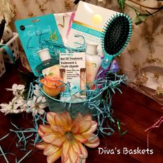 Cute Teal Theme Spa Basket! Great Gift For Any Occasion: Contains: 1 Hot Oil Hair Treatment Set Of April Body C. 1 Sew Weed Facial 1 Eye Treatment 1 Spa Floral Design Hair Brush 1 Pink And White Zipper Cosmetic Bag Blue Shred Flower Decor 1 Metal Teal Reusable Basket Wrapped In Cellphone And Cute Bow For Final Touch! Spa Basket, Spa Gift Basket, Design Hair, Oil Hair, Spa Gift, Hot Oil, Flower Decor, Spa Gifts, Cute Bow