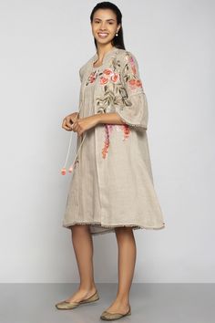 Buy Kaveri Beige Linen Dress With Jacket Online | Aza Fashions Flower Silk Dress, Linen Kurti, Beige Midi Dress, Dress With Jacket, India Dress, Fancy Kurti, Buy Linen, Cotton Kurti Designs