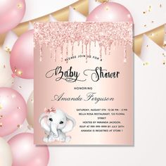 an elephant baby shower is shown with pink and gold balloons