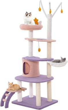 a cat tree with two cats sitting on the top and one laying down next to it