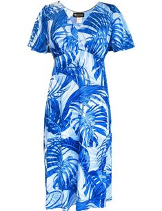 Monstera Paradise Knee Length Dress with flutter Sleeves Blue RJC Blue Flutter Sleeve Midi Dress For The Beach, Blue Midi Dress With Flutter Sleeve For Beach, Dress Hawaiian Style, New Dress Pattern, Easy Wear Dresses, Polynesian Dress, Dress With Flutter Sleeves, Hawaii Dress, Casual Dresses Plus Size