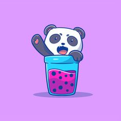 a panda bear sticking its head out of a blue cup with liquid in it on a purple background