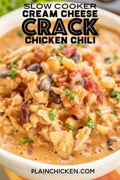 Slow Cooker Cream Cheese Crack Chicken Chili - this stuff is AMAZING! We've made it 3 times this month! We can't get enough of it!!! Chicken, corn, black beans, chicken broth, diced tomatoes and green chiles, cumin, chili powder, onion, ranch seasoning, bacon and cheddar cheese. We served the chili with some cornbread and Fritos. PERFECT! This is already on the menu again this weekend! YUM! #crockpot #slowcooker #chicken #chili Chicken Cooker, Crockpot Dishes, Crock Pot Slow Cooker, Think Food, Crockpot Recipes Slow Cooker, Crock Pot Cooking, Chicken Chili, Slow Cooking, Chicken Crockpot Recipes